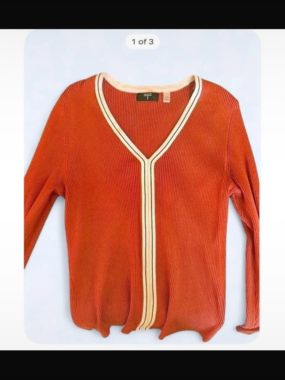 Tahari Rust V-Neck Ribbed Sweater with Cream and Black Trim